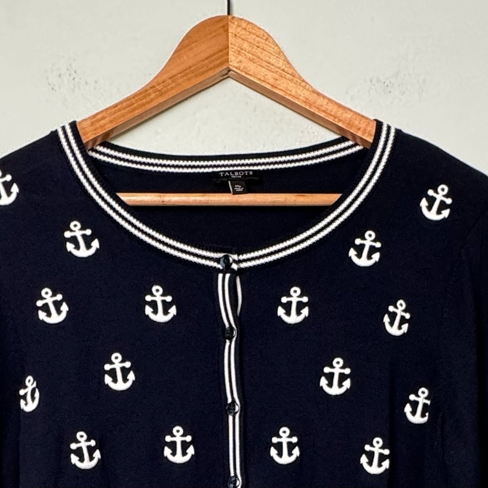 Talbots Nautical Cardigan Embroidered Anchors in Navy Blue & White‎ Sz MP Petite - Picture 7 of 8